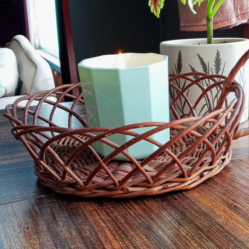 Unique Vintage Round Willow/Wicker/Rattan Basket Tray w/1 Handle Decor Boho Chic